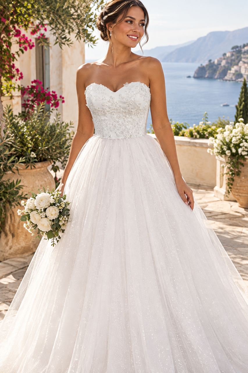 Vita 2 Strapless Wedding Dress – Sweetheart Neckline, 3D Floral Bodice and Sparkling Layered Tulle Skirt